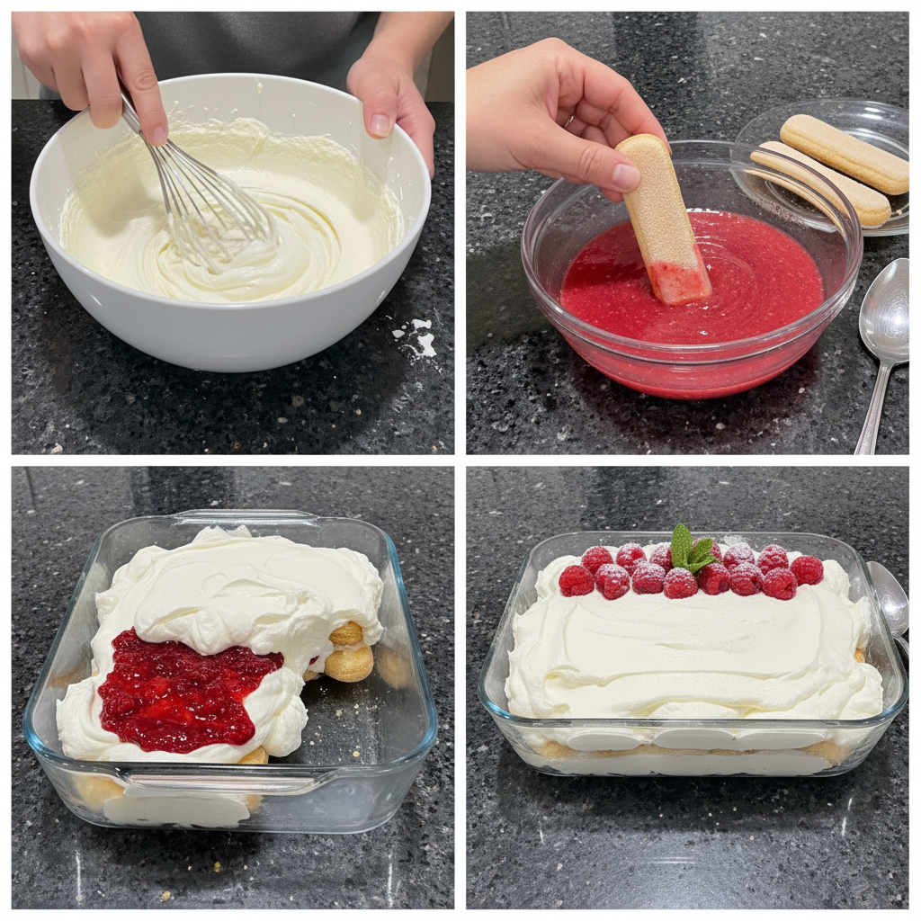 raspberry-tiramisu-prep-step A hand carefully spreading a creamy mascarpone layer over ladyfingers while assembling raspberry tiramisu.
