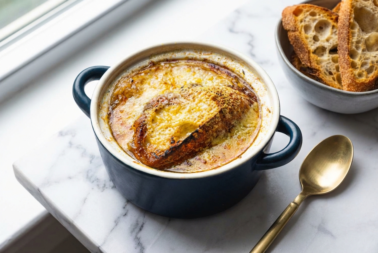 Rich onion soup in a minimalist ceramic vessel on white marble, featuring a golden Gruyère crust and umami butter base.