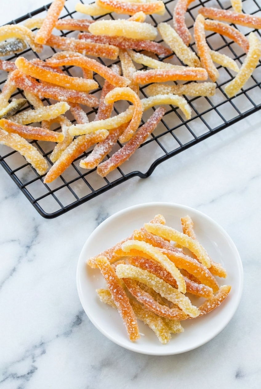A minimalist ceramic vessel filled with finished Candied Orange Peel Recipe strips, set against a contemporary countertop with soft shadows.