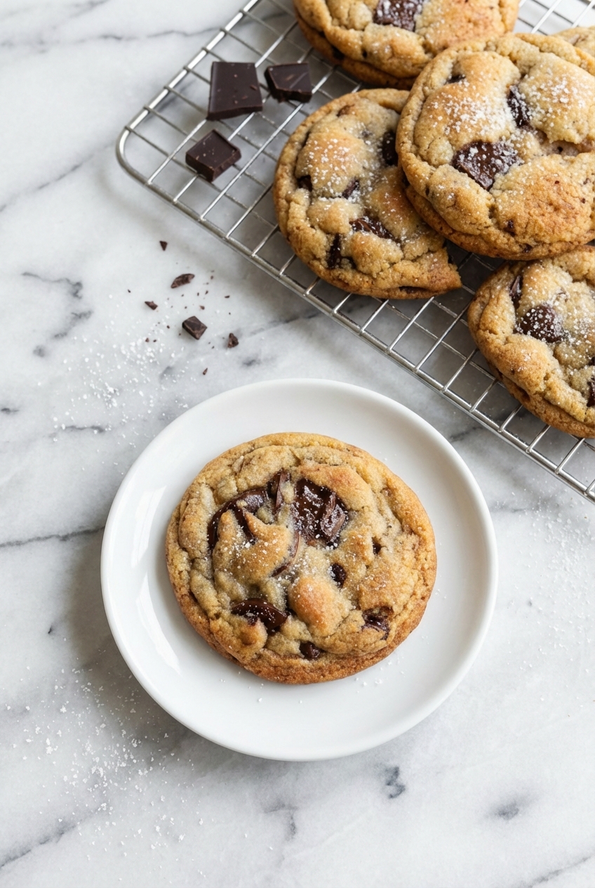 Stack of brown butter chocolate chip cookies in a minimalist ceramic vessel with soft window lighting and gentle shadows.