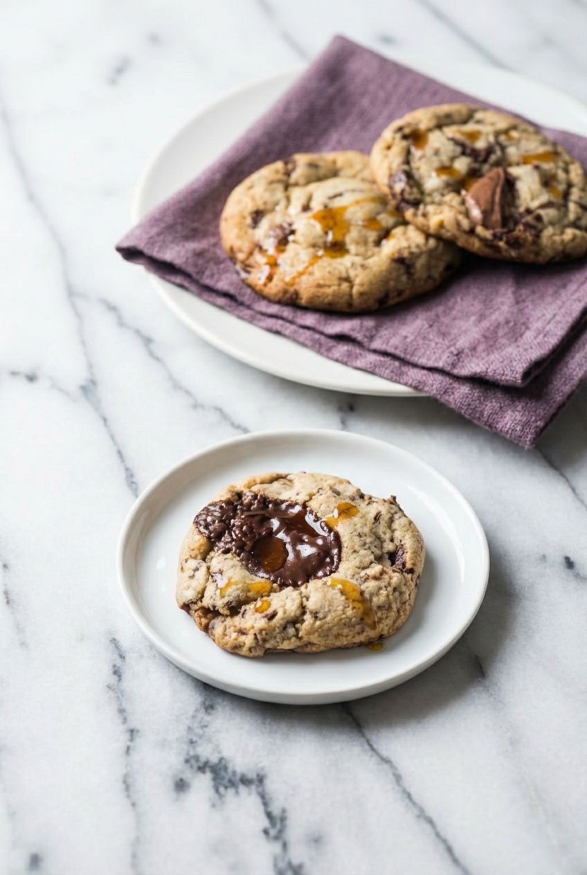 A stack of cookies from the chocolate chip cookies recipe served in a minimalist ceramic vessel on a white marble surface under natural window lighting.