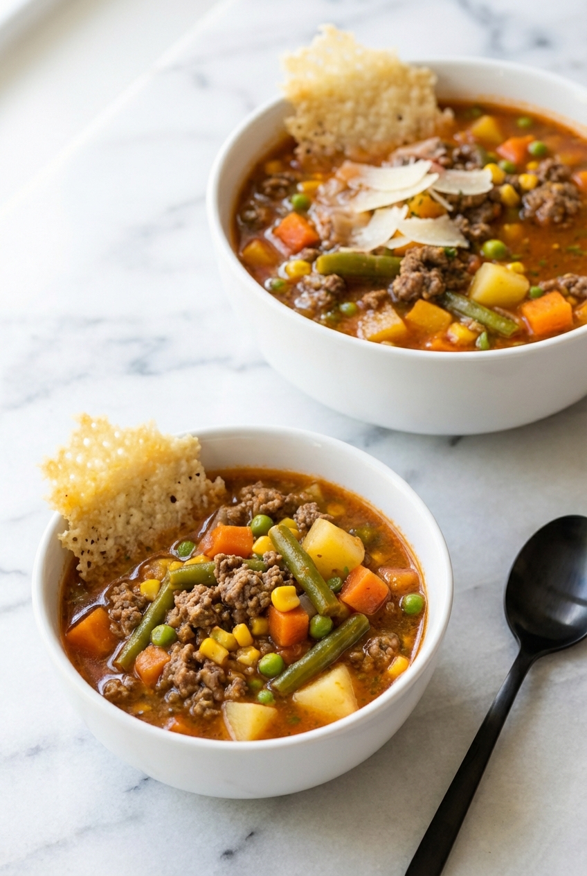 Hamburger vegetable soup served in a minimalist vessel on a marble surface with soft, natural window shadows.