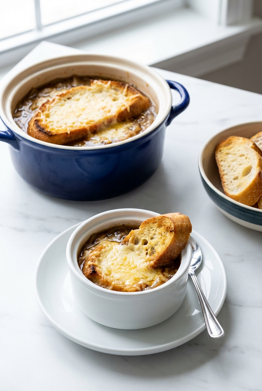 A steaming bowl of onion soup gratinée with melted Gruyère cheese and toasted croutons on a white marble surface.