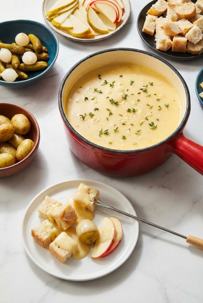 Swiss cheese fondue served on a minimalist table setting with soft shadows, highlighting the social experience of the meal.