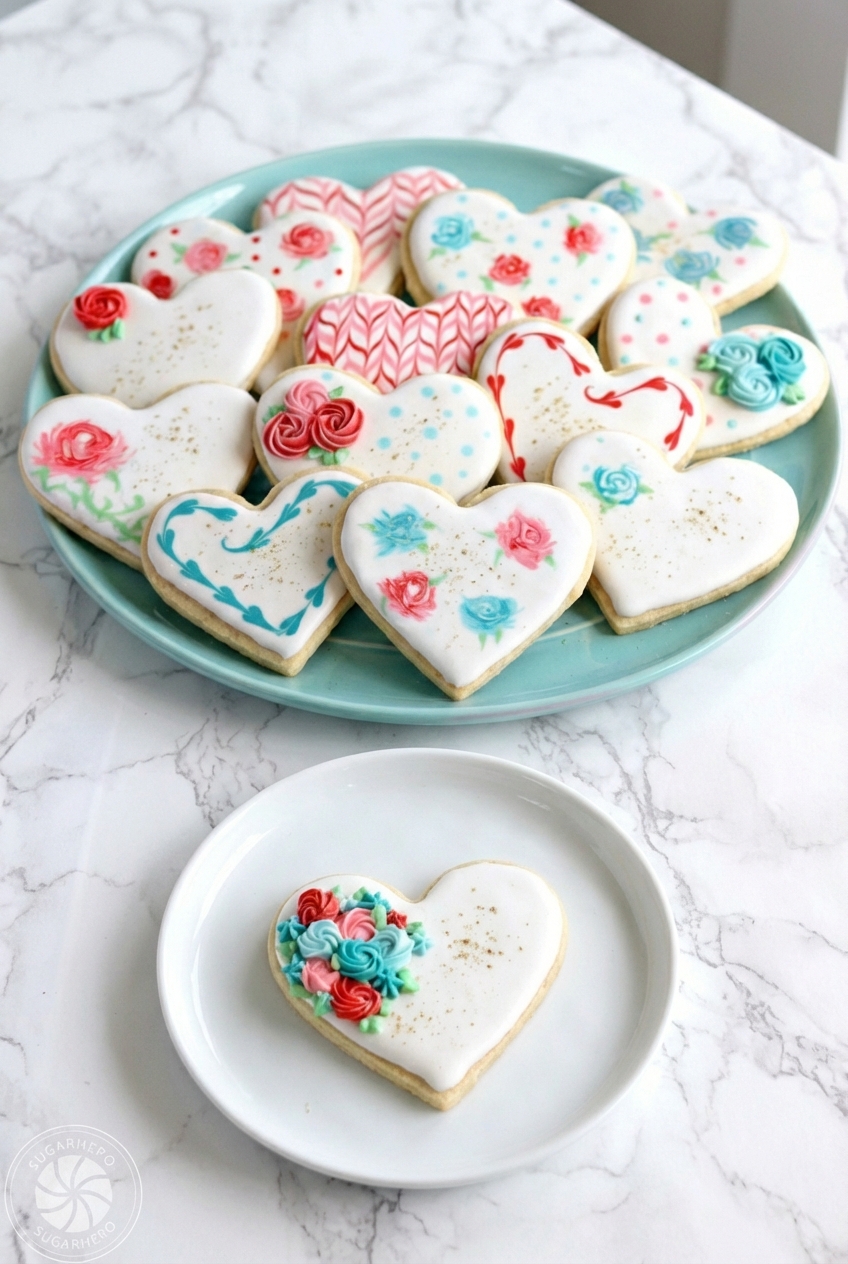 Valentine sugar cookies displayed on a minimalist ceramic vessel with soft shadows for a romantic lifestyle setting.