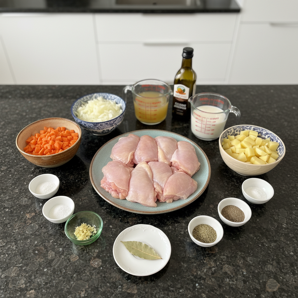slow-cooker-chicken-stew-ingredients Fresh ingredients laid out for a slow cooker chicken stew, including diced chicken, carrots, celery, potatoes, and herbs.