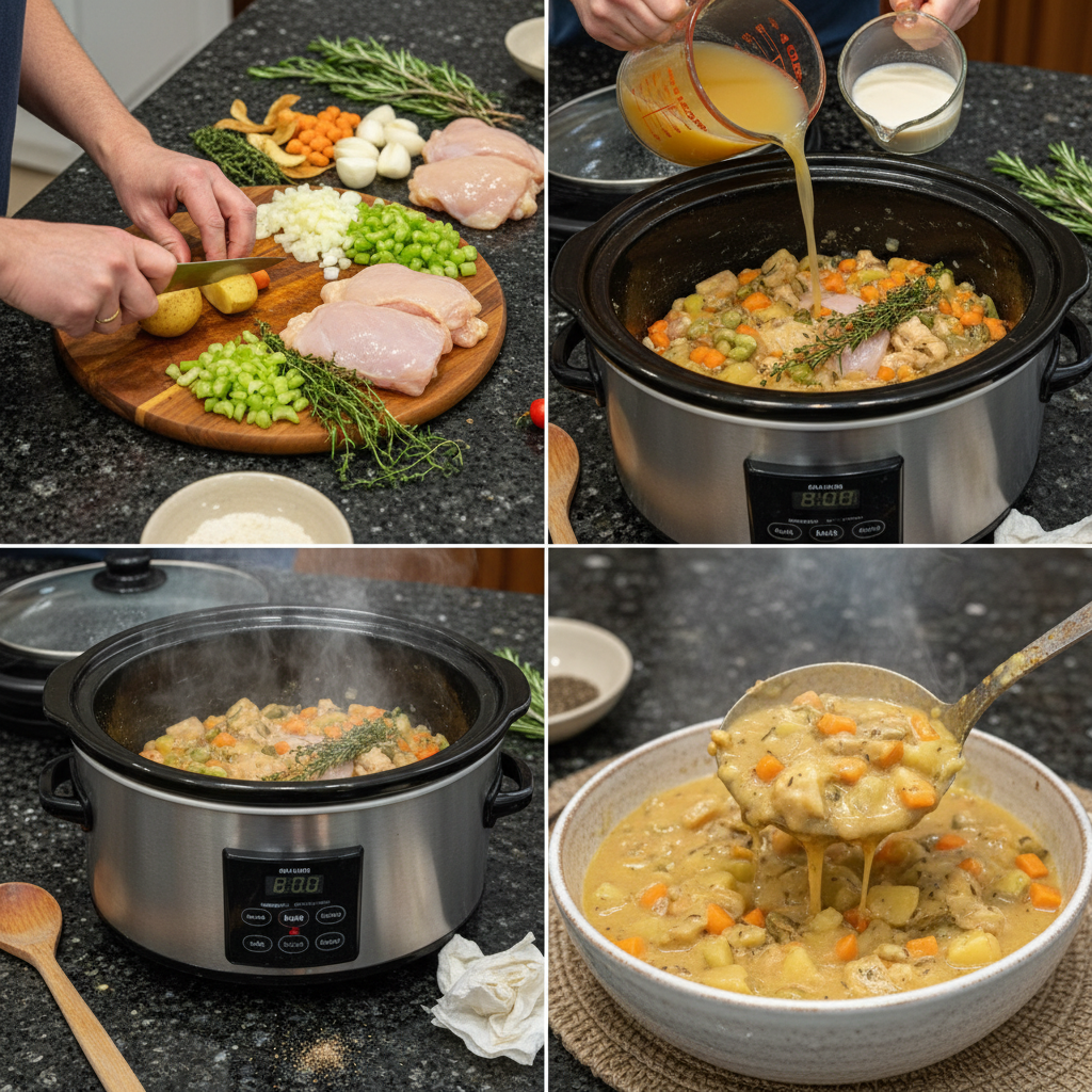 slow-cooker-chicken-stew-preparation Chopped vegetables and chicken being added to a slow cooker, illustrating preparation for the chicken stew.