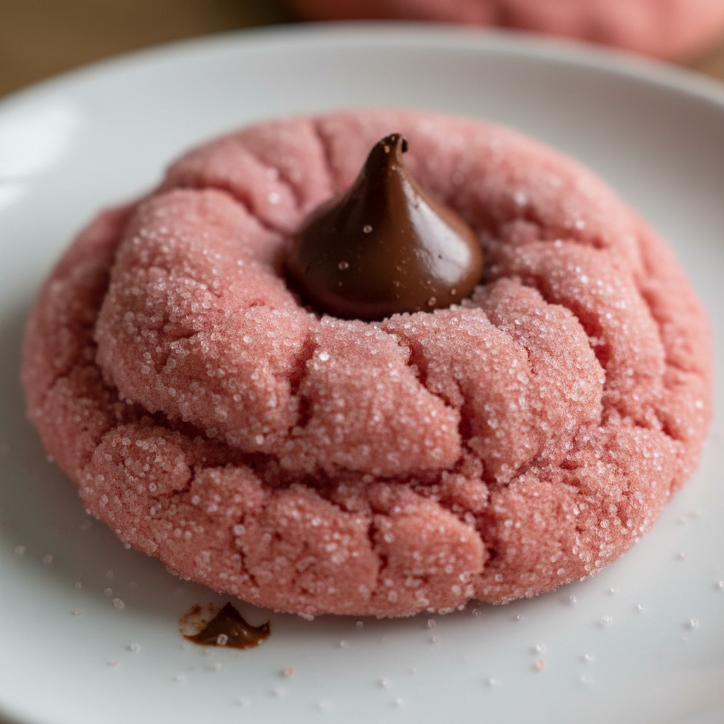 A plate of delightful Strawberry Kiss Cookies, each with a Hershey's Kiss nestled in the center, ready to be enjoyed.