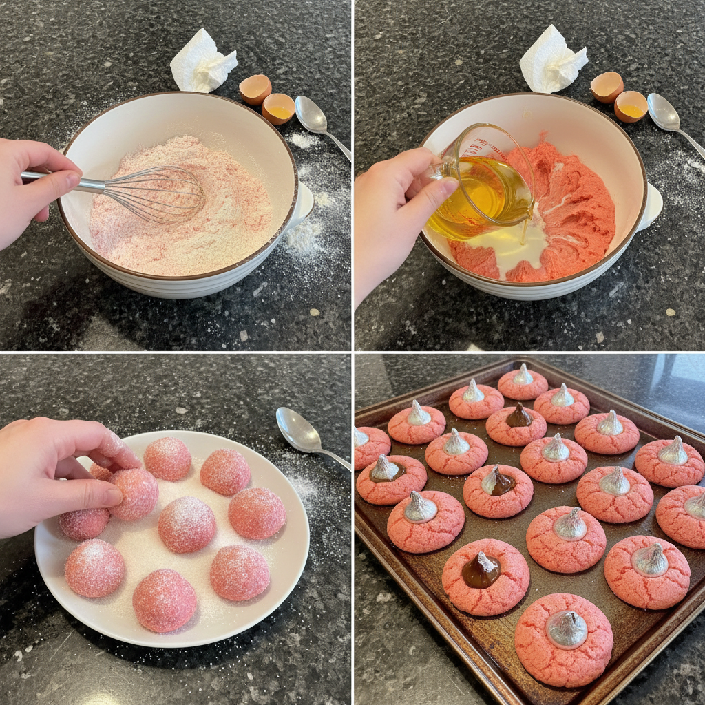 Hands rolling pink dough into small balls, preparing them for the oven to become delightful Strawberry Kiss Cookies.
