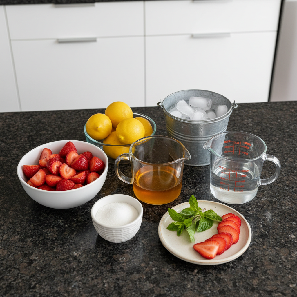 Fresh strawberries, bright lemons, sugar, and a glass pitcher laid out for a homemade Strawberry Lemonade Recipe.