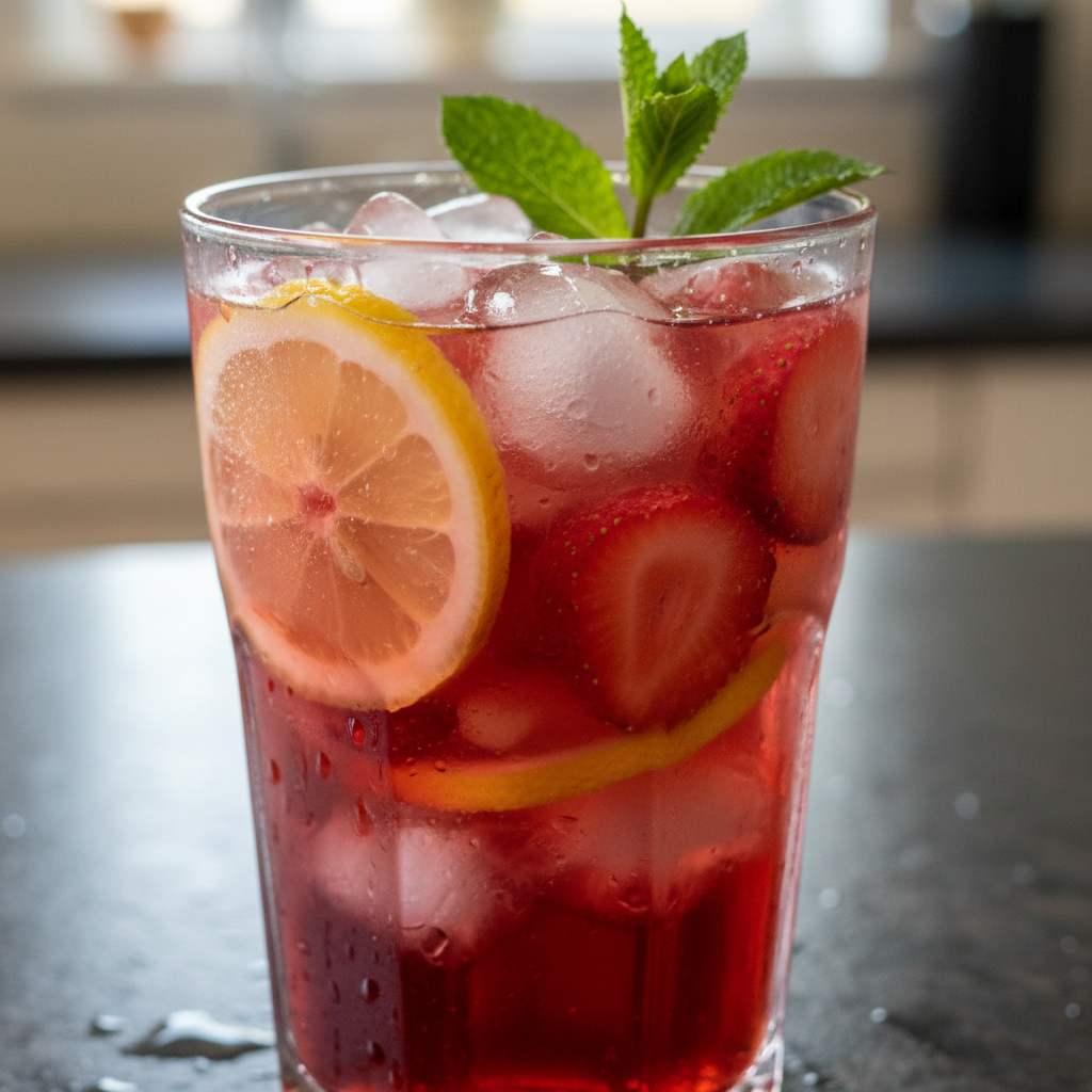 A refreshing glass of homemade Strawberry Lemonade Recipe with fresh berry and lemon slices, ready to drink.
