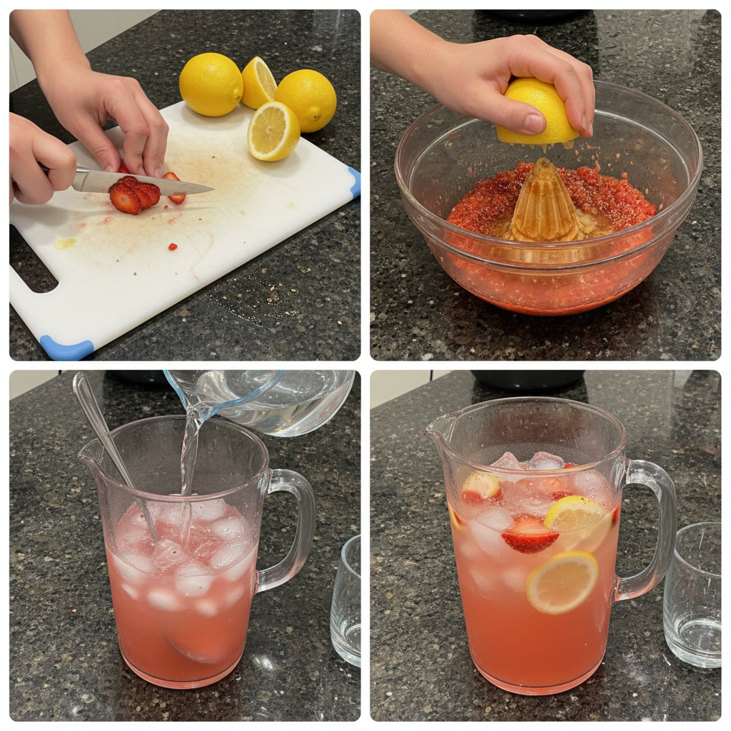 Someone muddling fresh strawberries and lemon slices in a pitcher, a key step for a delicious Strawberry Lemonade Recipe.