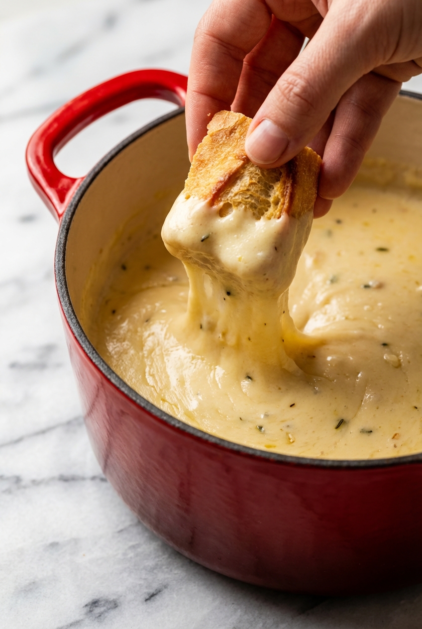 Close-up of the smooth emulsification of Swiss cheese fondue within a white vessel under natural window lighting.
