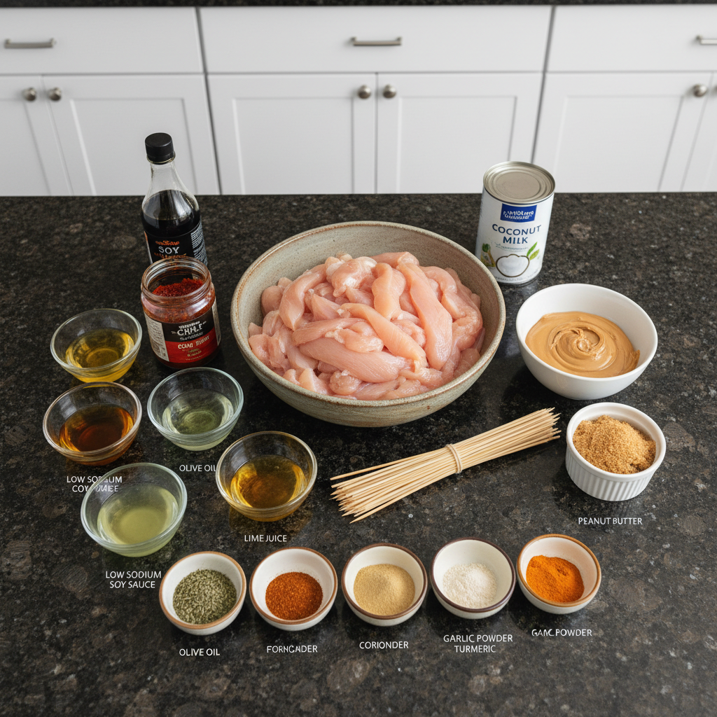 thai-chicken-satay-with-peanut-sauce-ingredients Fresh ingredients laid out for making Thai Chicken Satay with Peanut Sauce, including chicken, peanuts, and spices.
