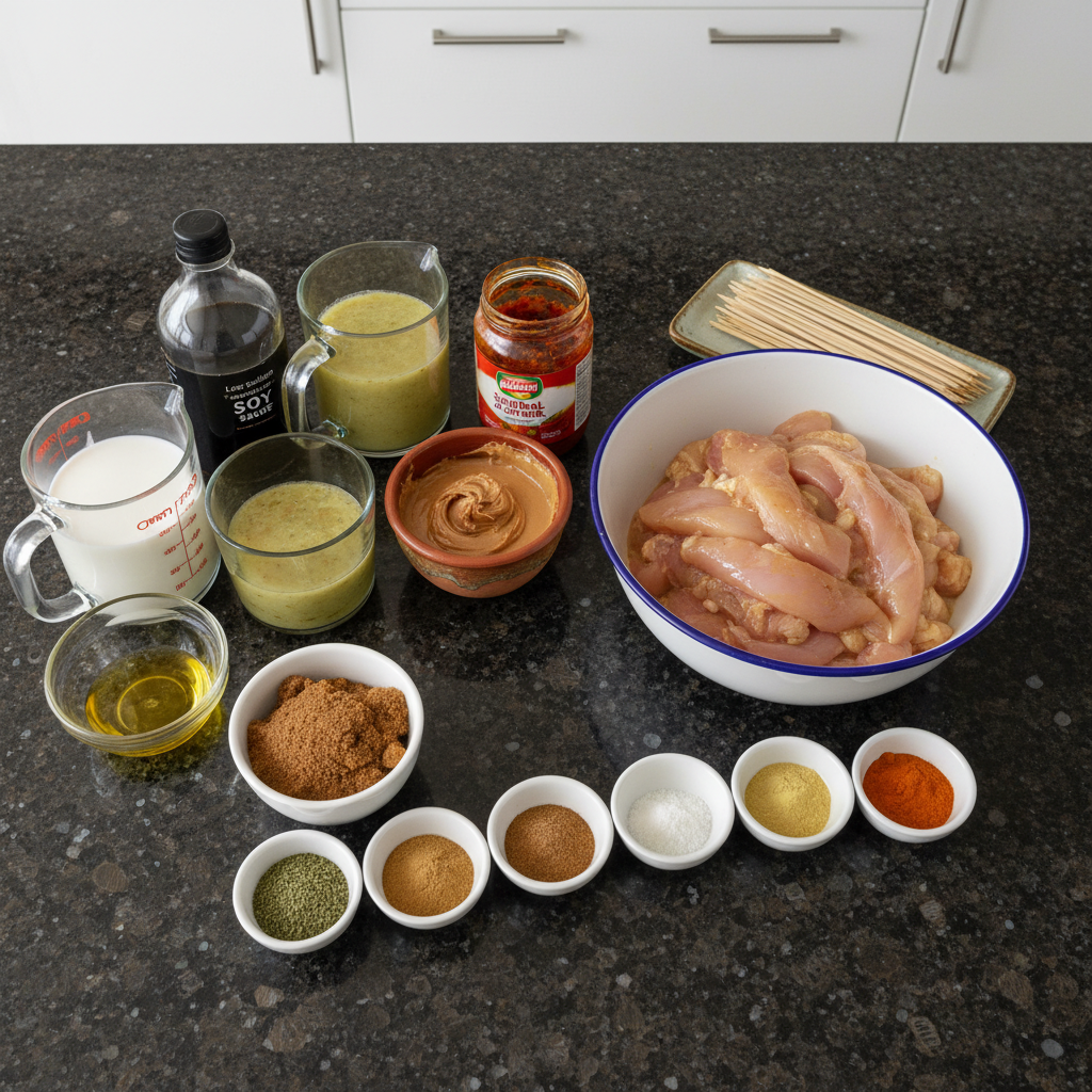 Fresh ingredients laid out for making Thai Chicken Satay with Peanut Sauce, including chicken, herbs, and spices.