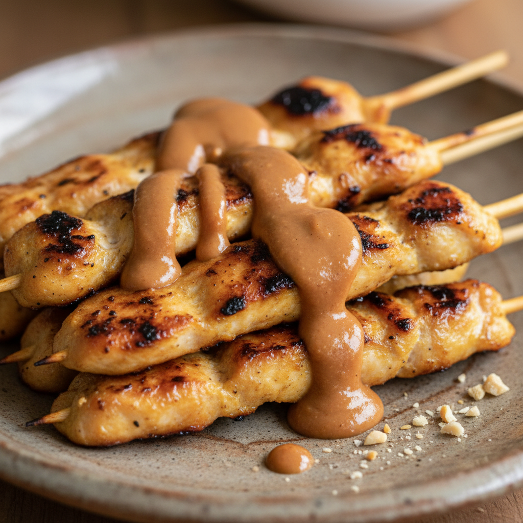 Grilled Thai Chicken Satay skewers served with a side of creamy peanut sauce and fresh lime wedges.