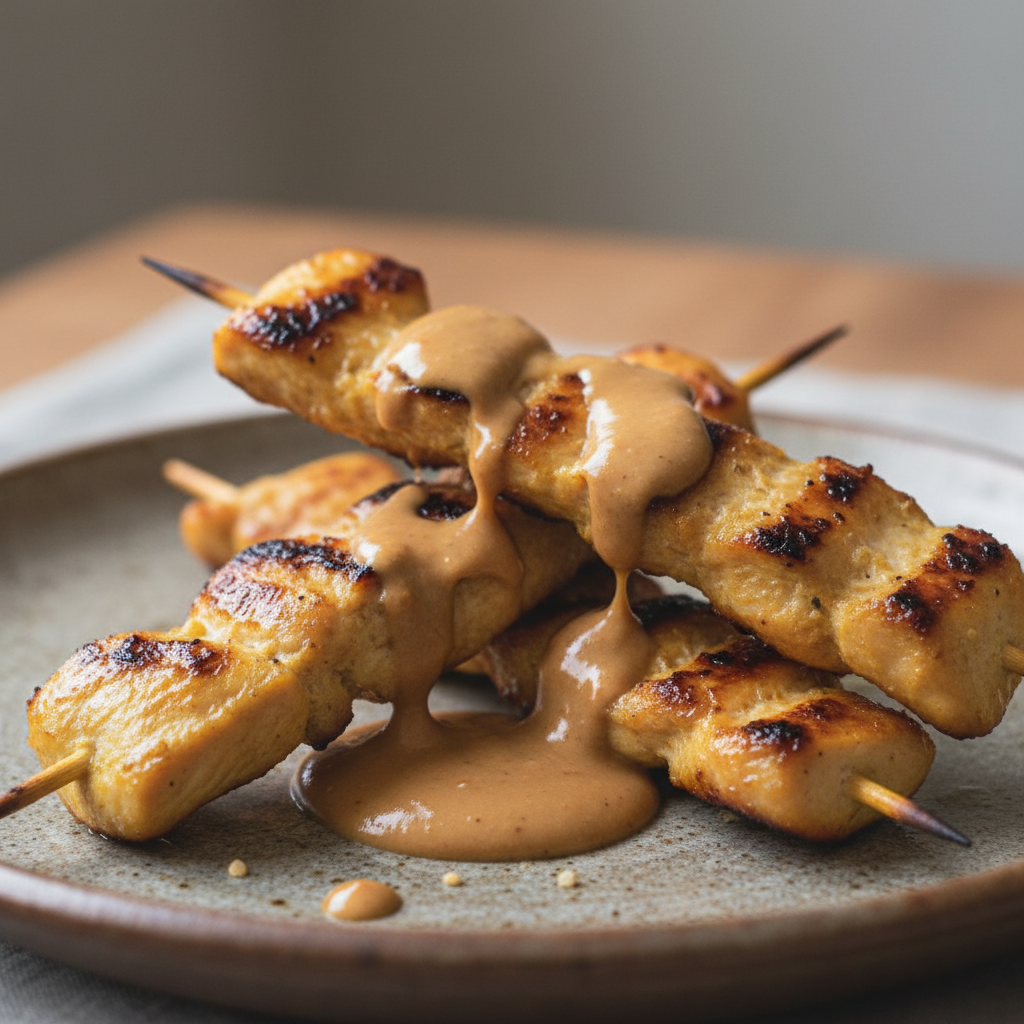 Skewers of grilled Thai Chicken Satay with Peanut Sauce, garnished with cilantro and lime, on a rustic plate.