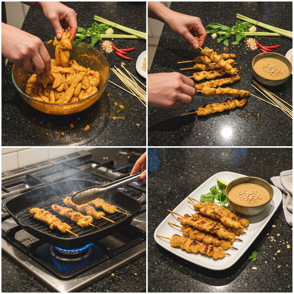 thai-chicken-satay-with-peanut-sauce-prep Chicken skewers being grilled for Thai Chicken Satay with Peanut Sauce, showing the cooking process.