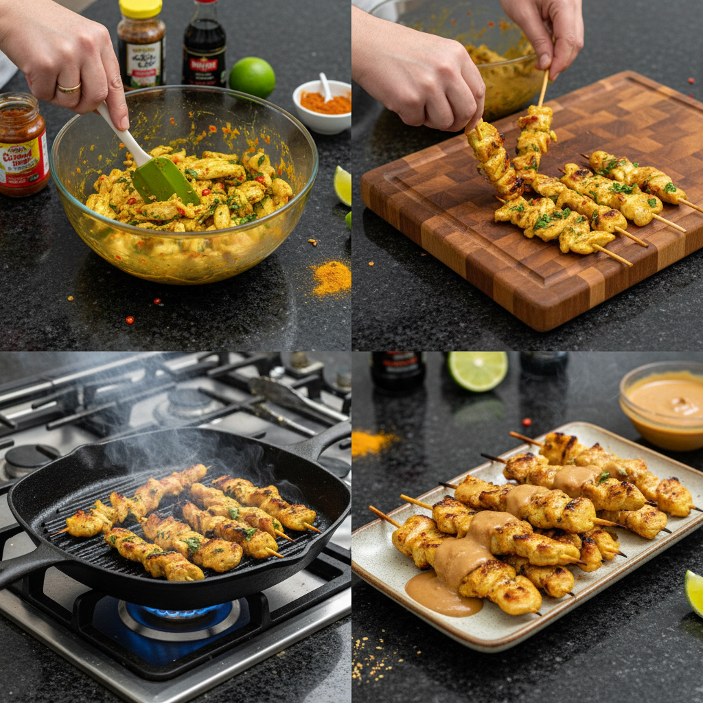 Marinating chicken skewers as part of the preparation for Thai Chicken Satay with Peanut Sauce in a bowl.