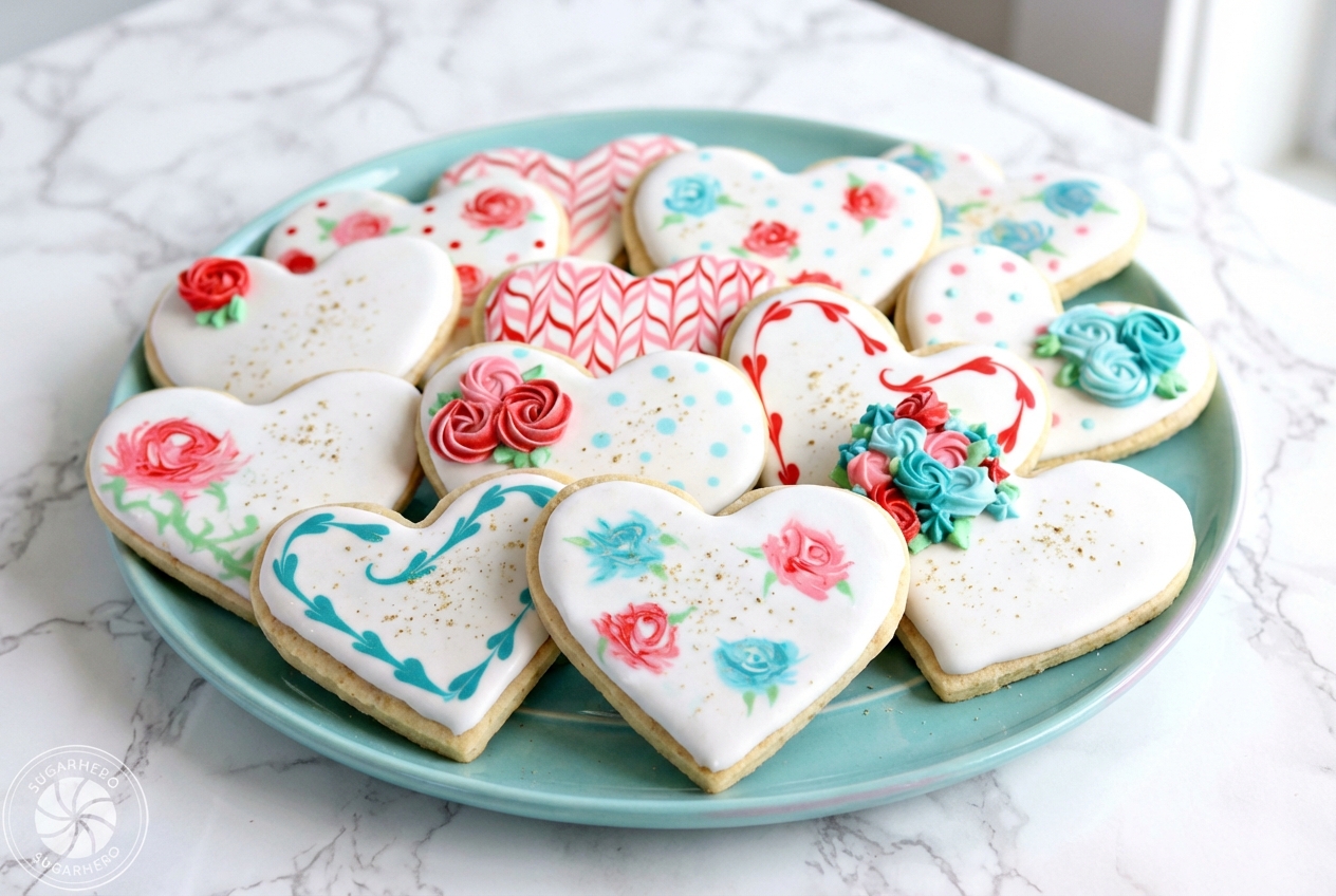 Valentine sugar cookies with brown butter and cardamom on a white marble surface under natural light.