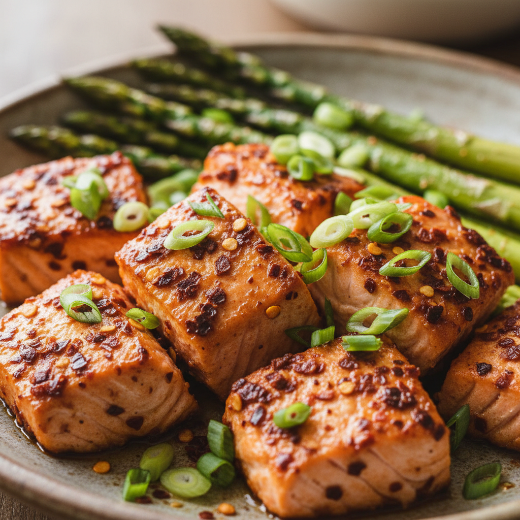 A beautifully plated Valentine's Dinner Sheet Pan Salmon, served with roasted asparagus and baby potatoes, garnished with fresh herbs.