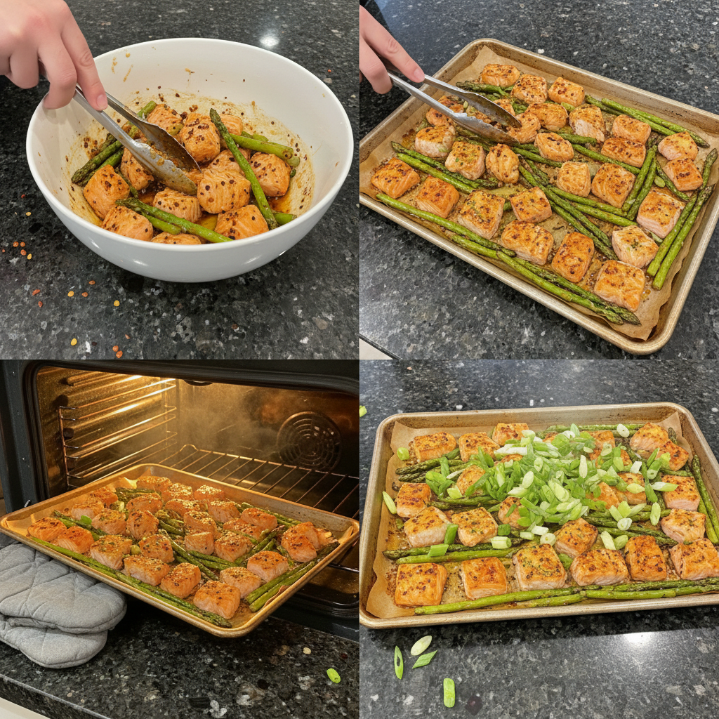 valentines-dinner-sheet-pan-salmon-prep-step Salmon fillets, asparagus, and baby potatoes seasoned and arranged on a sheet pan, ready to bake for Valentine's Dinner Sheet Pan Salmon.